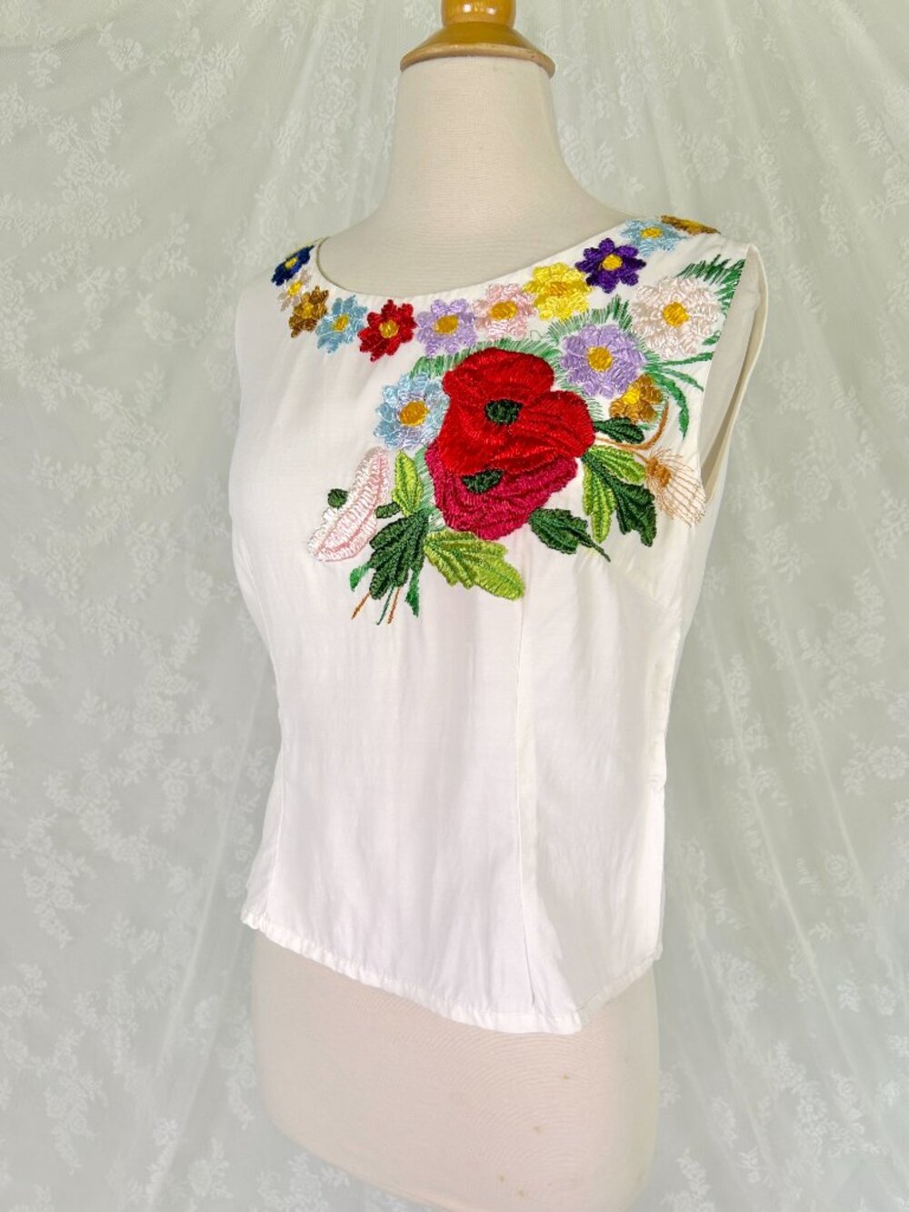 Vintage 1960s Hand-Embroidered White Sleeveless Top, Colorful Floral Folk Blouse - Picture 8 of 13
